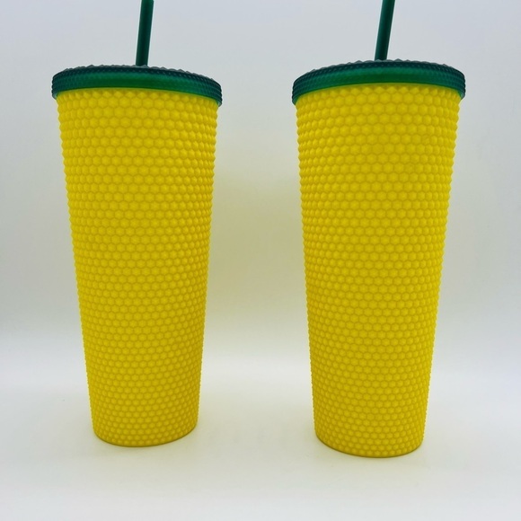 STARBUCKS SET OF 2 YELLOW & GREEN DRINK HOLDER WITH STRAW AND LID 20 OZ - Picture 4 of 14
